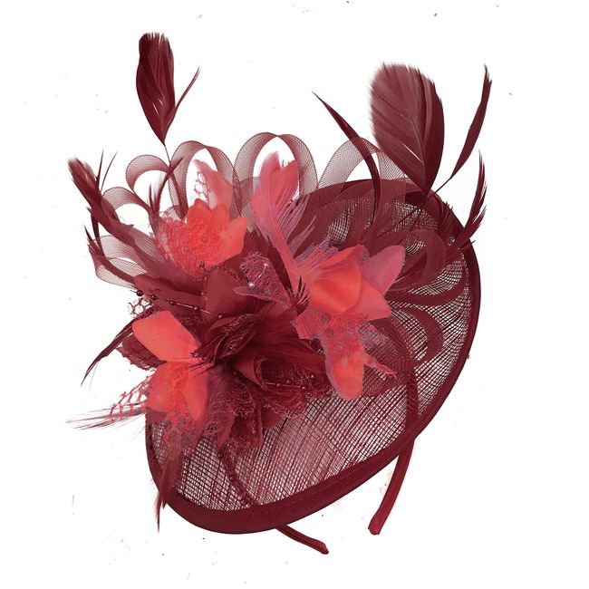 Caprilite Burgundy Dark Red and Coral Sinamay Disc Saucer Fascinator Hat for Women Weddings Headband