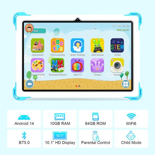 YATIOM Kids Tablet 10 inch Android 14 Tablet for Kids Octa-Core 10+64GB GMS Certified Learning Tablet with WiFi 6, Bluetooth 5.2, Dual Camera, Parental Control Child Tablet with Drop-Proof Case