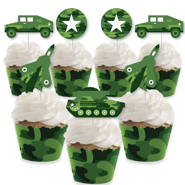 Camo Hero - Cupcake Decoration - Army Military Camouflage Party Cupcake Wrappers and Treat Picks Kit - Set of 24