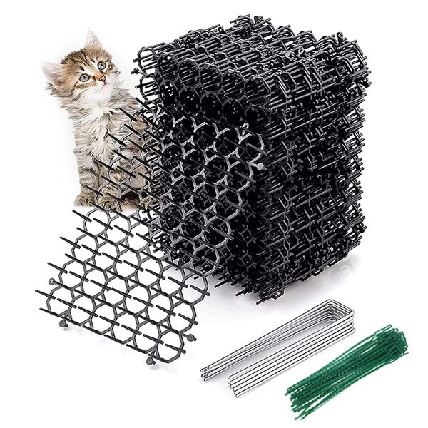 12 Pcs Cat Repellent Mat with Spikes, Cat Scat Mat Flat Prickle Strip Dig Stopper Cat Spikes Cat Stopper for Outdoor Garden Fence Protector with 12 Nails and 20 Cable Ties