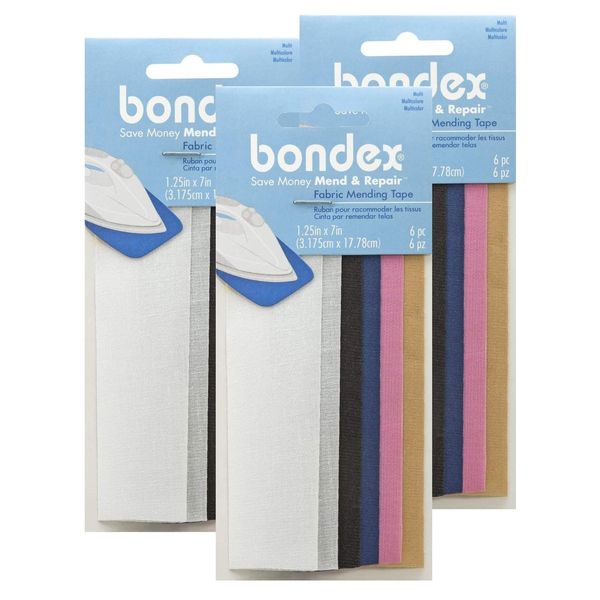 Bondex Mend and Repair with No Sew Iron-On Patch Fabric Mending Tape 1.25x7" (3.175cm x 17.78cm) White, Beige, Black, Navy, Pink, Tan (6pc) (3pk)