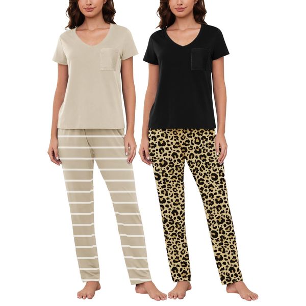 YIJIU Womens Short Sleeve Pajamas Set 2 Pack Fashion Leopard Sleepwear Four Piece Pj Sets Striped Nightwear Outfit,Gray Leopard Print,S