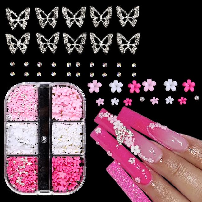 3D Flowers for Nails, 3D Flowers Nail Charms, Metal Butterfly Nail Charms with Nail Gems, Pink White Acrylic Flowers for Nail Decoration, Y2K Nail Art Accessories, Nail Decoration Kits for Women