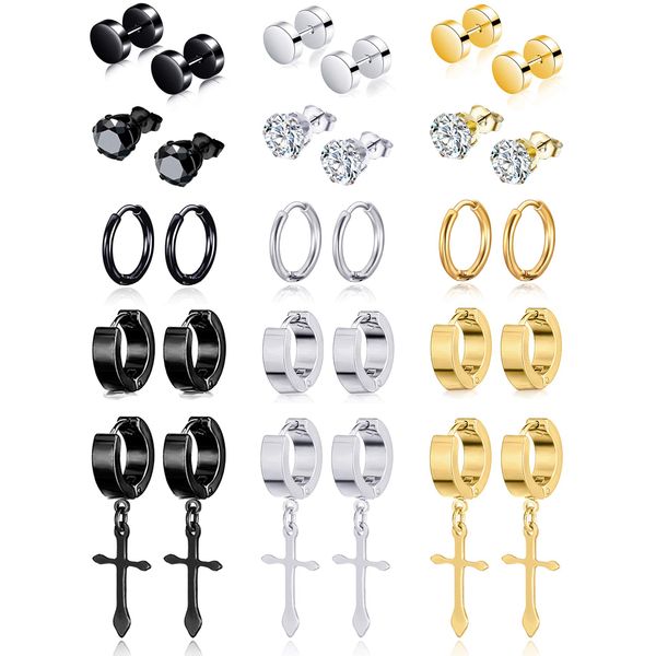 Ofeiyaa 15 Pairs Stainless Steel Cross Dangle Hinged Earrings Hoop Huggie Earrings CZ Stud Earrings Set for Men Women Ear Piercing Jewelry Silver Black Gold Tone