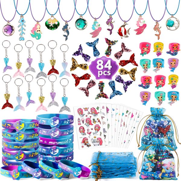 Golray Mermaid Party Favors Birthday Supplies Girls, Necklace Silicone Bracelet Gift Bag Sticker Keychain Ring Hairpin, Pinata Filler Goody Bag Stuffer Classroom Prize Kids Little Mermaid Party Decor