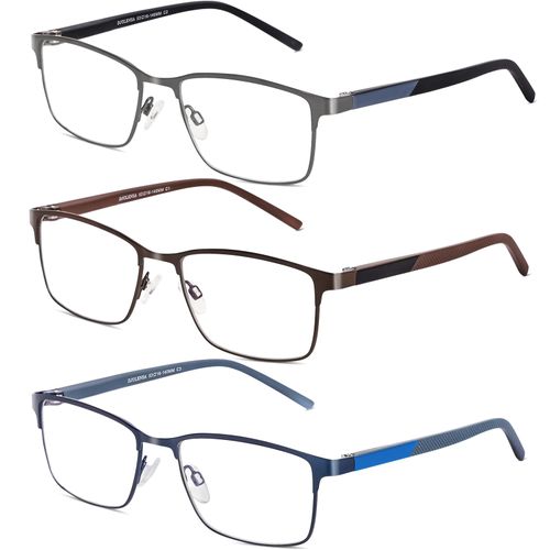DJOLENSA 3 Pack Reading Glasses for Men, Blue Light Blocking Computer Readers, Metal Frame Spring Hinge Eyeglasses with Pouches, Anti Eyestrain/Glare/UV(175 Magnification Strength)