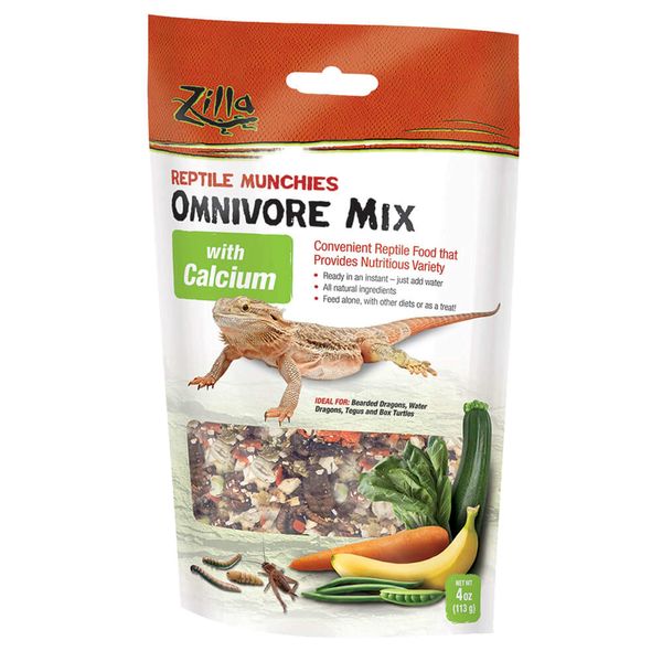 Zilla Reptile Munchies, Omnivore Mix with Calcium, Dehydrated and Sun Dried Vegetables and Insects, Natural with Added Calcium, Resealable Bag 4 oz.