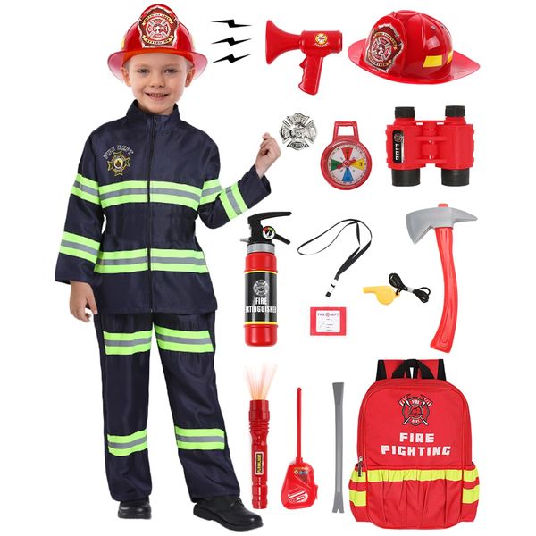 Firefighter Costume Kids 15 Pcs Fireman Dress-up Toy Set Toddler Halloween Costumes Boys Girls Fire Fighter Hat with Gear Bag Accessories RK040XXL