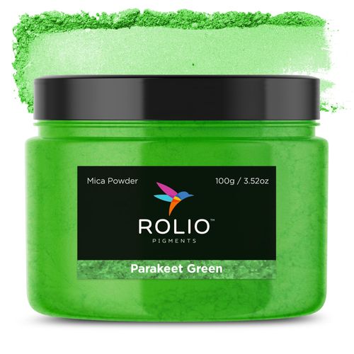 Rolio Premium Green Mica Powder - Parakeet Green (100G / 3.5 oz) - 1 Jar of Pigment Powder for Epoxy Resin, Dye, Soap Making, Nail Polish, Paint, Candle Making, Bath Bombs, Slime