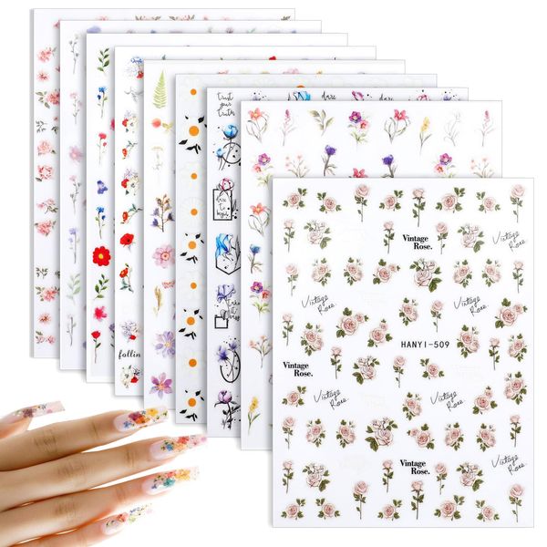 9 Sheets Spring Flower Nail Art Stickers Decals Self-Adhesive Nail Decals Floral Nail Supplies Nail Art Accessories for Women Nail Decorations Design