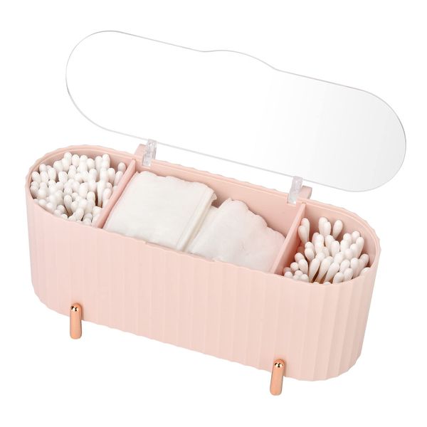 Vehoukli Cotton Bud and Cotton Pads Storage, 3 Compartments ABS Cotton Bud Holder for Cotton Pads/Cotton Swabs/Beauty Eggs(Pink)