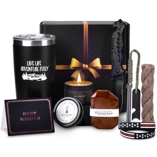 FLYEGO Gift Box for Men, Birthday Gifts Baskets for Men Fathers Day Box Cool Camping Gifts for Men Outdoorsman Gift Set for Guys Boyfriend Husband Dad Son Brother Friend Uncle Grandpa