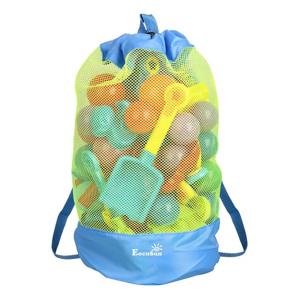 EocuSun Large Mesh Beach Bag Tote Durable Drawstring Beach Backpack Swim and Pool Balls Storage Bags Packs, Stay Away From Sand and Water, Toy Not Included, Blue