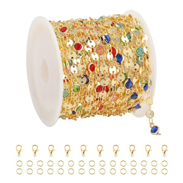 UMAOKANG 5 Meters 18K Gold Plated Brass Chains Bulk Colorful Rhinestones Sequin Link Chain Fun Decoration Craft Chain Roll