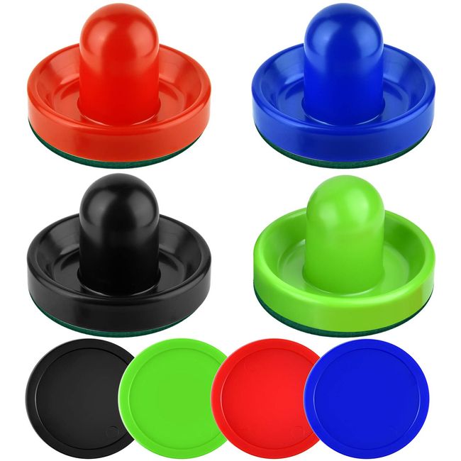 Coopay Air Hockey Pushers and Thicker Air Hockey Pucks, Goal Handles Paddles Replacement Accessories for Game Tables (4 Striker, 4 Puck Pack) (Red, Black, Blue, Green)