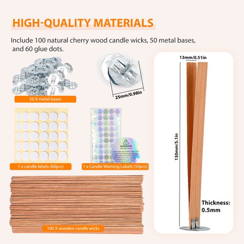 Ziosxin 100 Pcs Smokeless Cherry Wood Candle Wicks, Long Lasting Flame, Easily Burn, Candle Cores with Stand and Glue Dot, Warning Label for DIY Candle Making