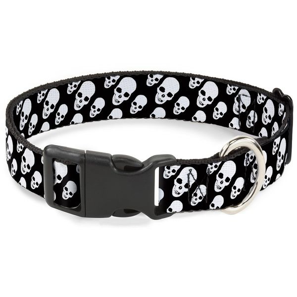 Buckle-Down 9-15" Tilted Skulls Black/White Plastic Clip Collar, Small