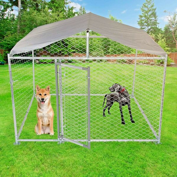 LONABR Metal Dog Kennel Outdoor Pet Playpen Exercise Fence Lockable with Cover