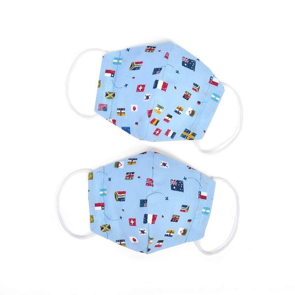 N5326762 Children's Masks, Boys, Set of 2, Washable, 3D Cloth, Antibacterial, Small, My Flag Collection Around the World (Light Blue) Colorful Candy Style