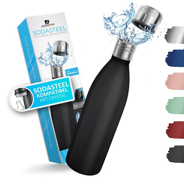 LICHTENWERK® Premium Edelstahl Flasche 0,6L [EINFACH MITNEHMEN] kompatibel mit SodaStream Crystal - Kohlensäure geeignet - Spülmaschinenfest - Edelstahl Trinkflasche - Schwarz Pulverbeschichtung