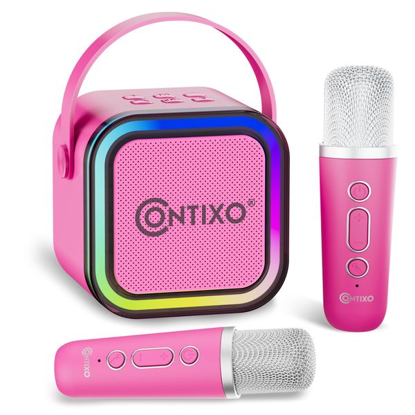 Contixo KS1 Mini Karaoke Machine for Kids, Protable Bluetooth Karaoke Speaker with 2 Wireless Microphones and Dynamic Lights for Boys & Girls Birthday, Home Party, Pink