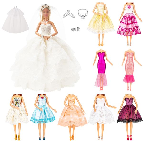 Keysse Doll Clothes Bride Wedding Dress with Bridesmaid Dress Gorgeous Trailing with Double Layer Wedding Veil, 5 Accessories, Veil + Crown + Necklace and Bracelet, Princess Party Dress for 11.5" Doll