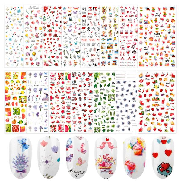 Self Adhesive Nail Stickers Decals 1500+ Pcs Water Transfers Nail Art Stickers Girls Nail Stickers Butterfly Nail Stickers Decals for Girls Kids Women Nail Art Nail Decorations, 15 Sheets