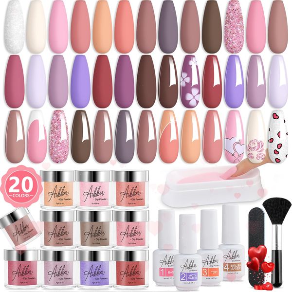 Aikker 27 Pcs Dip Powder Nail Kit Starter 20 Colours Nude Pink Coral Dipping Powder System Essential Liquid Set with Base & Top Coat Activator for French Nail Art Manicure DIY Salon Gift Set AK30