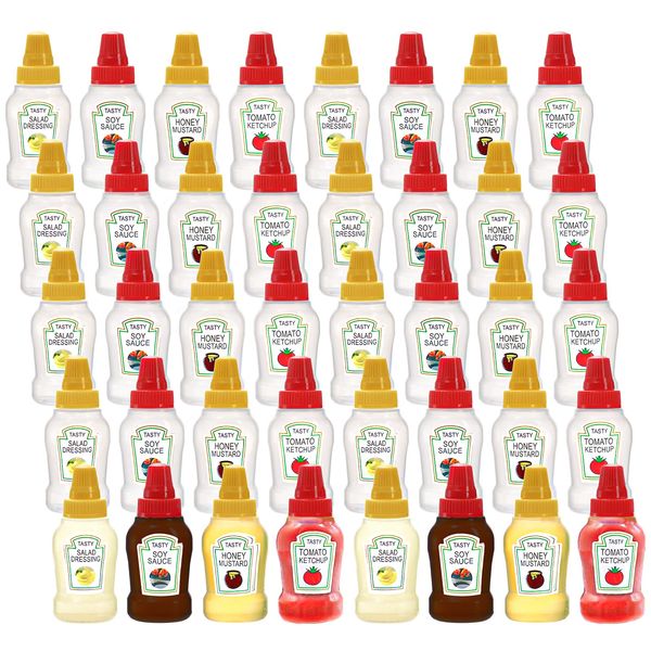 Bekith 40 Pcs Mini Ketchup Bottles with Screw Cap, 25ml Empty Condiment Squeeze Bottle Plastic Portable Bottle, Ketchup, Soy Sauce, Honey, Salad Dressing Dispensers Containers for Lunchbox, Picnic