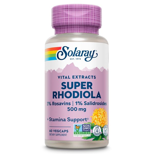 SOLARAY Super Rhodiola 500mg, Rhodiola Rosea Root Extract, 3% Rosavins, 1% Salidrosides, Adrenal & Stamina Support, Vegan, Non-GMO, 60 Servings, 60 VegCaps
