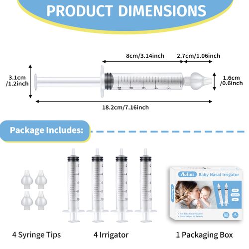 Aufisi Baby Nasal Syringe, Pack of 4, Reusable Nose Rinse for Children, 10 ml, Portable, Nose Rinse with Silicone Nasal Suction Tip, High-Quality Nose Rinse Set, Safe and Comfortable