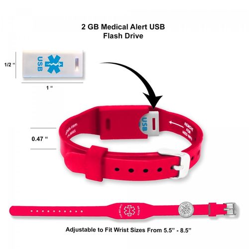 Elite II USB Medical Alert Bracelet – Hypoallergenic Silicone Wristband w/ 2GB Waterproof Flash Drive, Engraved ID Plate, and Emergency Medical Card – Access to Personal Health Record Portal, Red