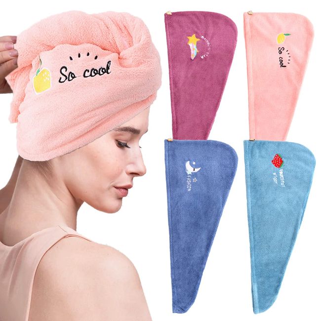 4 Stück Mikrofaser Handtuch Haare Schnell Trocknend Haartuch in 4 Farben mit Knopf, Super Saugfähig Haarturban Handtuch für Frauen und Mädchen, Schnell Trocken Salon Reisen Bad Kopf Wrap (Obst)