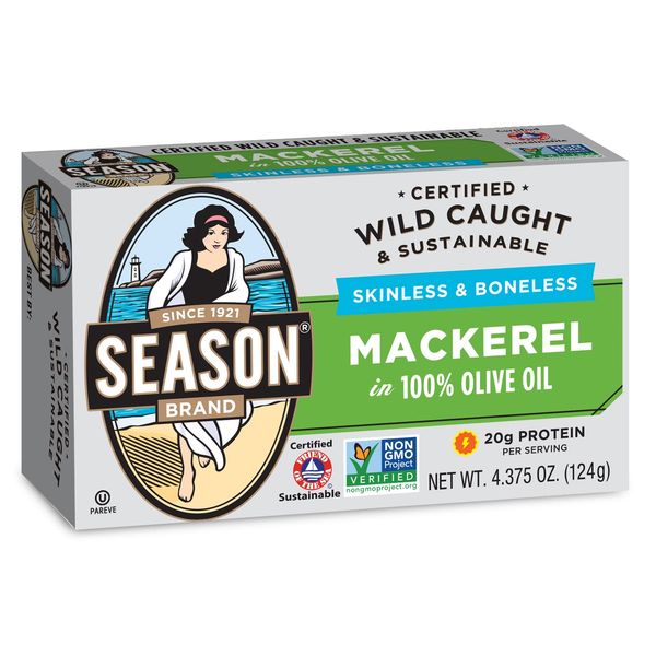 Season Mackerel in Olive Oil – Skinless & Boneless, Wild Caught, Keto Snacks, Canned Mackerel Fillets, Full of Vitamins & Minerals, Low in Mercury, Kosher, Non-GMO, 20g of Protein – 4.37 Oz, 6-Pack