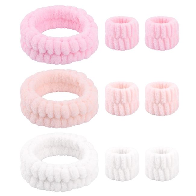 Set mit 9 Handgelenk-Waschsets für Damen, weiche, elastische Stirnbänder, Gesichtswäsche, flauschige Stirnbänder und Armbänder, Mikrofaser-Handtuch-Stirnbänder für Damen, Mädchen, Badesport