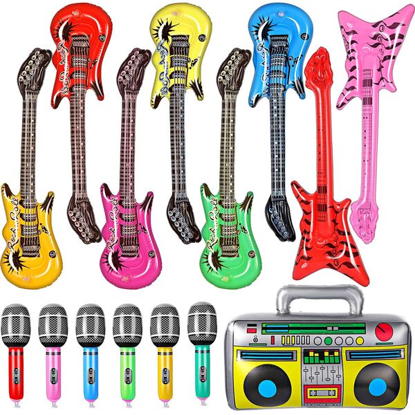 BBTO 15 Pcs Inflatable Rock Star Toy Set 23.6 Include 23.6 Inch Inflatable Rock Electric Guitar, Inflatable Bass Guitar, Inflatable Microphones, Inflatable Radio Boombox Toys for Concert Theme Party