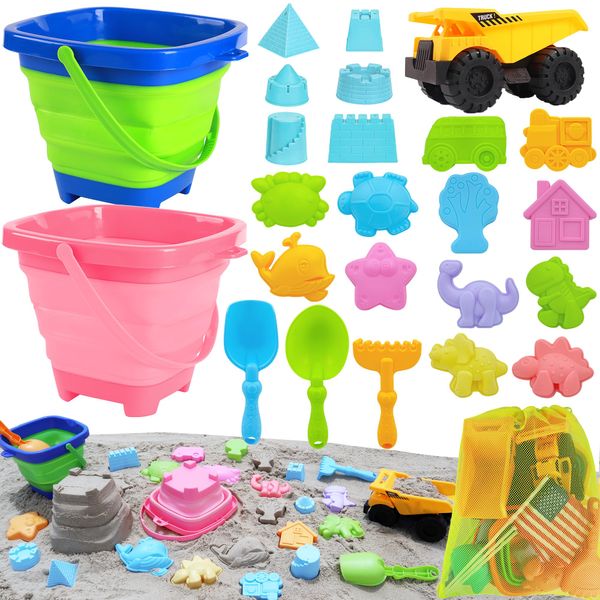 Carlerait Collapsible Beach Toys for Kids, Sand Bucket and Shovels Set with Mesh Bag, Sand Castle Toys for Beach, Travel, Sandbox for Toddlers Age 3-10