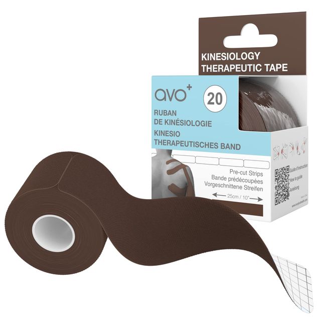 AVO+ Kinesiologie Tape - 5m Rolle mit 20 Geschnittenen Streifen, Elastisches Therapeutisches Sportband, Physio-Übungen und Muskelregeneration, Schwellungen und Schmerzen Lindern, Wasserfest, Braun