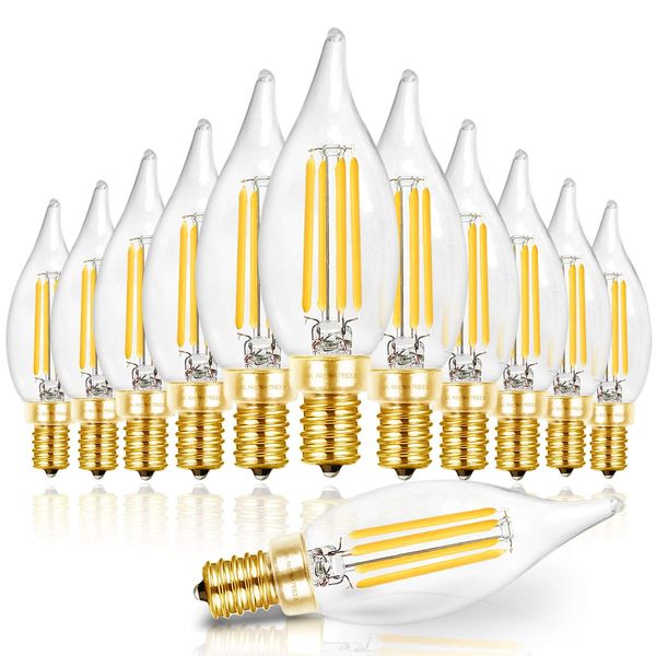 Hizashi Candelabra LED Light Bulbs, E12 LED Bulb 40W Dimmable, 90+ CRI 4W 450LM 5000K Daylight White, CA10 Chandelier Light Bulbs, Flame Tip Candle Light Bulbs, UL Listed - 12 Pack