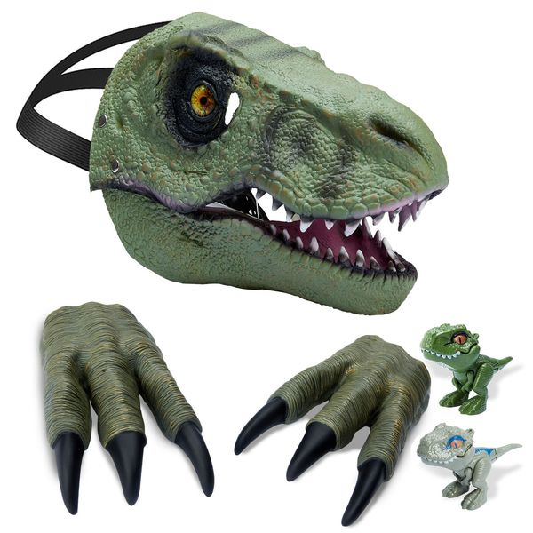 Pwtuuki Dinosaur Mask, Dino Mask Moving Jaw, Dinosaur Costume Mask for Kids, Halloween Costume Pack with 1 Dino Mask, 2 Claws, 2 Dinosaur Toys for Boys Girls, Carnival Christmas Gifts for Kids Adults