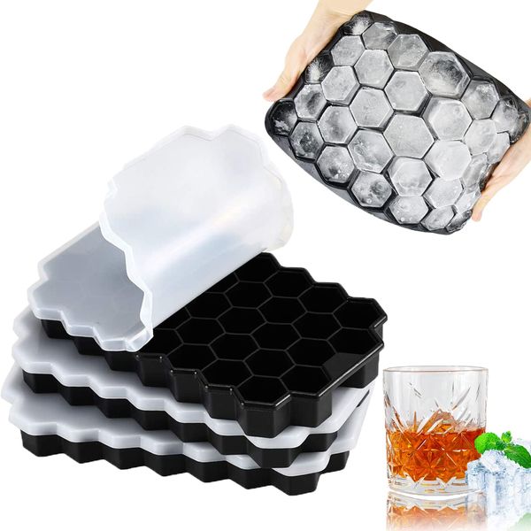 VoJoPi Ice Cube Tray, 3 Pack Silicone Ice Cube Moulds with Stackable Lids, Easy Release Silicone and Each Makes 37 Hexagonal Ice Cubes, Keep Gin, Drinks, Whiskey, Cocktails Cool and Fresher, Black