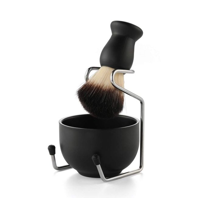 Wismee 3 In 1 Shaving Brush Set Shaving Soap Bowl & Shaving Stand & Badger Hair Shaving Brush Kit Stainless Steel Shaving Cleaning Tool for Men (Black)