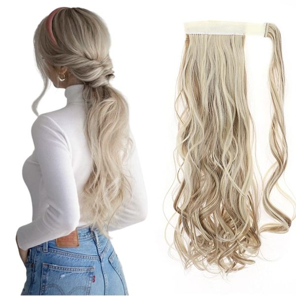 17" Long Curly Wavy Wrap Around Ponytail Clip in Hair Extensions One Piece Hairpiece Magic Tape in Pony Tail Extension for Women Sandy Blonde & Bleach Blonde