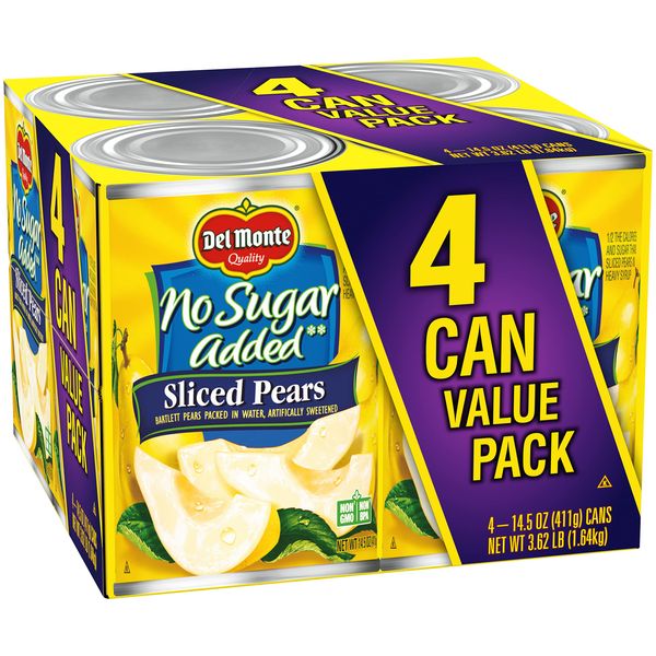 Del Monte No Sugar Added Sliced Bartlett Pears, Canned Fruit, 4 Pack, 14.5 oz Cans, Yellow