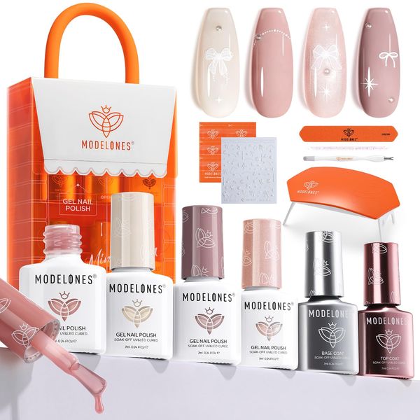 Modelones Gel Nail Kit with UV Lamp, 4 Colors Gel Nail Polish Kit Mini Salon, Base &Top Coat and Stickers, Milky White Nude Pink Glitter Gel Polish Set DIY Home Nail Art Manicure Set for Women