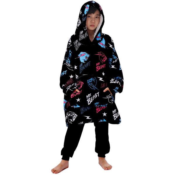 SharkBebe Mr-Beast Hoodie For Boys Oversized Hoodie Kids Youtube Sweatshirt Blanket Cool Pullover Warm Comfortable Hooded Robe (as8, age, one_size, regular, Black, One Size)