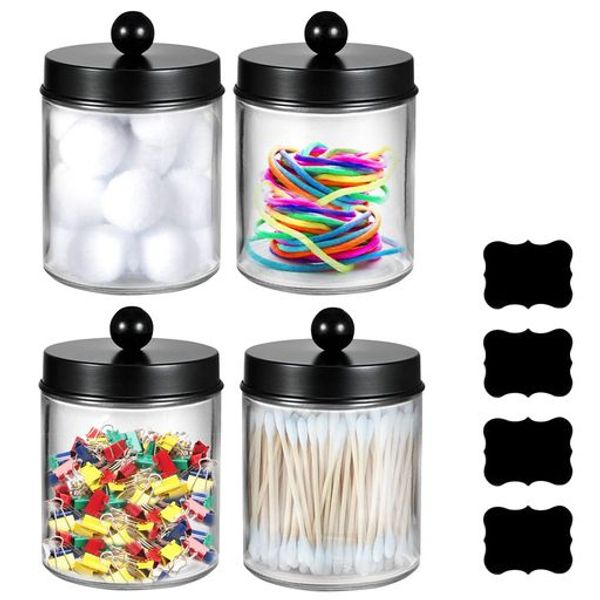 Set of 4 Glass Cotton Swab Cases, Small Item Storage Boxes with Lids and Label Stickers, Transparent, Round, Cosmetic Boxes, Cotton Ball Storage Boxes, Bathroom Vanity Office Tabletop Storage, Dustproof, 7.11*11.4CM (270ML) (Black Lid)