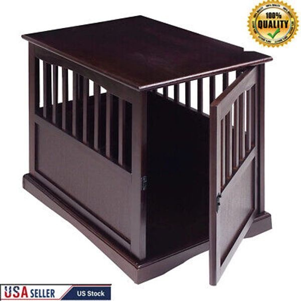 Solid Wood Pet Dog Crate Furniture Light End Table Strong Lockable Gate Door US