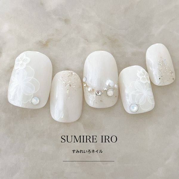 Nail tip false nails bridal nails cute short long design summer nails nail present short nails small nails large nails berry short chibi nails adult nails false nails office nails simple [1866] white pearl glitter flower