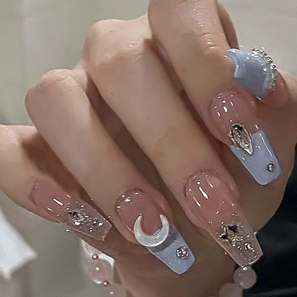 Rchovsam Blue French Press on Nails Medium Length Coffin Fake Nails with Nail Glue,Stick on Nails,Stars Moon with Diamond UñAs Postizas-24 Pcs Gel Nail Kit for Girls Womens